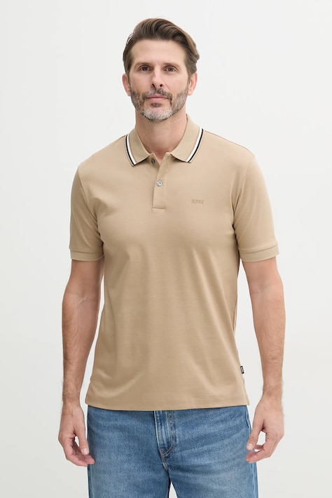 Хлопковое поло BOSS цвет бежевый однотонное 50469360