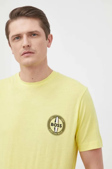 Majica kratkih rukava BOSS za muškarce, boja: žuta, s tiskom