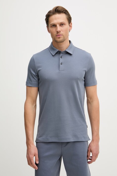 BOSS тениска с яка мъжка от памук синя 50471335