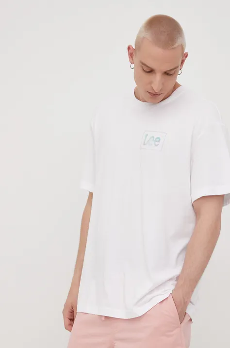 Bavlnené tričko Lee biela farba, s potlačou