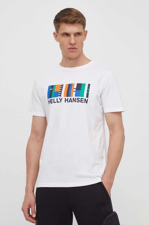 Helly Hansen t-shirt bawełniany męski kolor biały z nadrukiem