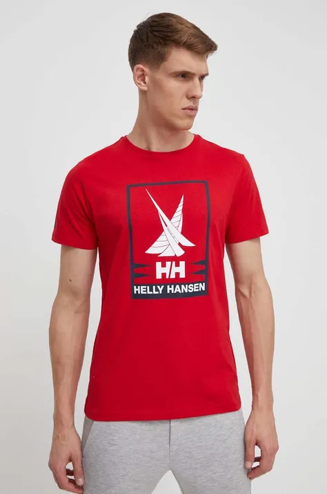 Хлопковая футболка Helly Hansen мужской цвет красный с принтом