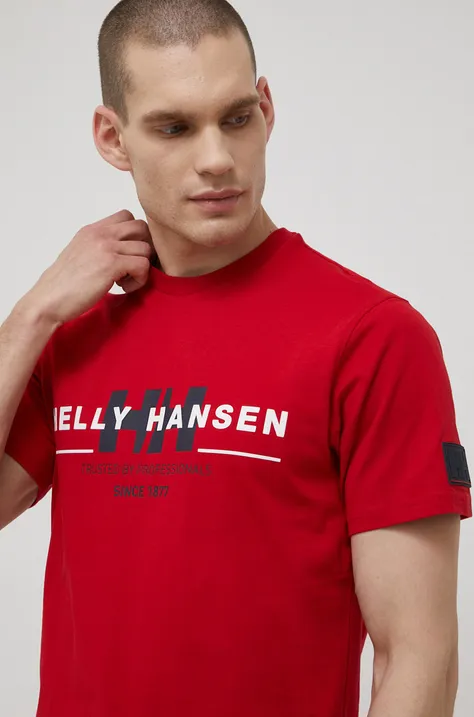 Helly Hansen t-shirt bawełniany kolor czerwony z nadrukiem