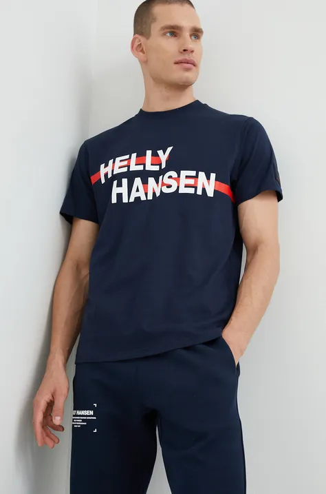 Pamučna majica Helly Hansen boja: tamno plava, s tiskom