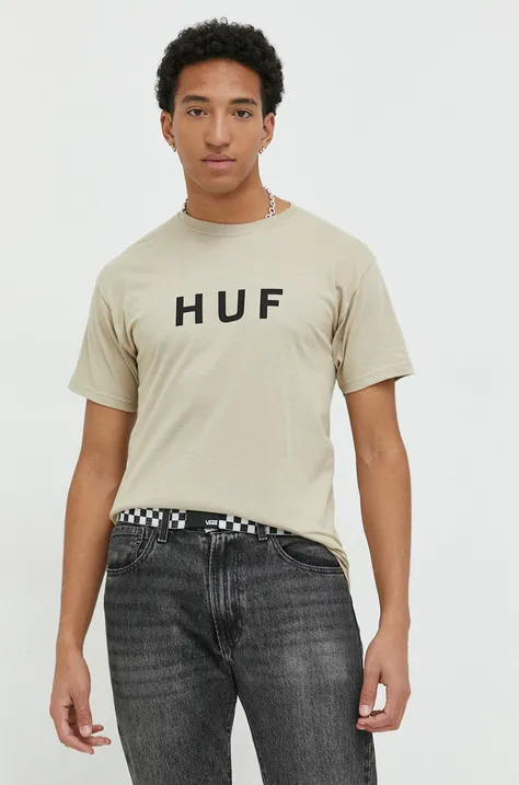 Pamučna majica HUF boja: bež, s tiskom