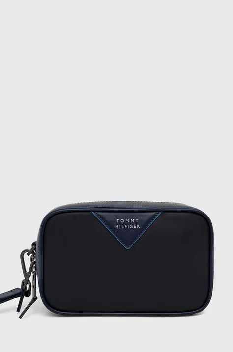 Usnjena kozmetična torbica Tommy Hilfiger mornarsko modra barva