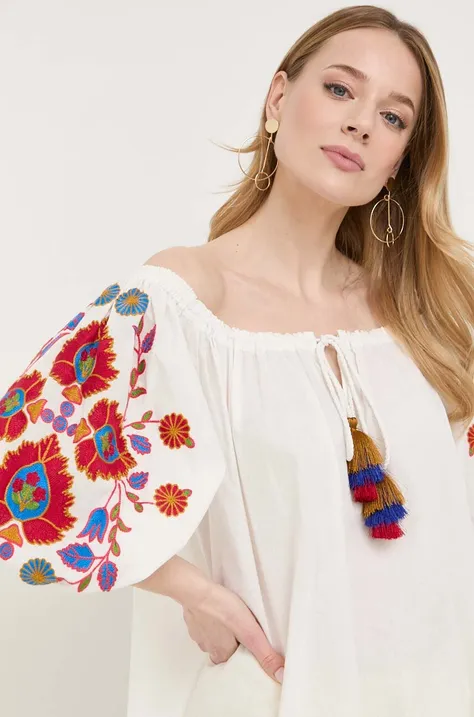 Βαμβακερή μπλούζα Luisa Spagnoli γυναικεία, χρώμα: άσπρο