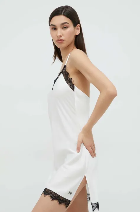 Nočná košeľa Karl Lagerfeld dámska, biela farba, saténová