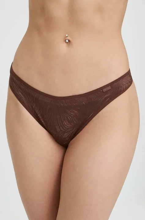 Calvin Klein Underwear stringi kolor brązowy z koronki