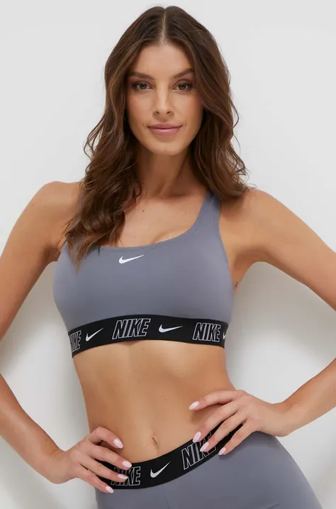 Купальний бюстгальтер Nike Logo Tape колір сірий злегка ущільнена чашечка