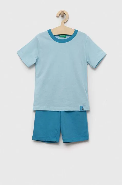 United Colors of Benetton piżama bawełniana dziecięca kolor niebieski gładka