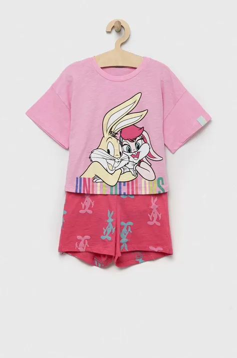 United Colors of Benetton pijamale de bumbac pentru copii x Looney Tunes culoarea roz, cu imprimeu