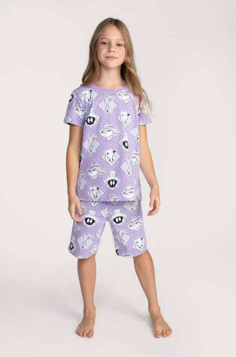 Coccodrillo piżama bawełniana dziecięca x Looney Tunes kolor fioletowy wzorzysta