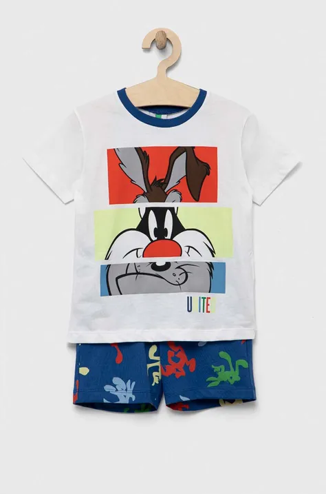 United Colors of Benetton piżama bawełniana dziecięca x Looney Tunes kolor biały z nadrukiem
