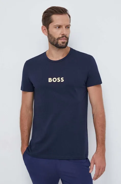 Бавовняна пляжна футболка BOSS колір синій з принтом