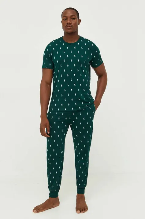 Хлопковые пижамные брюки Polo Ralph Lauren цвет зелёный узор