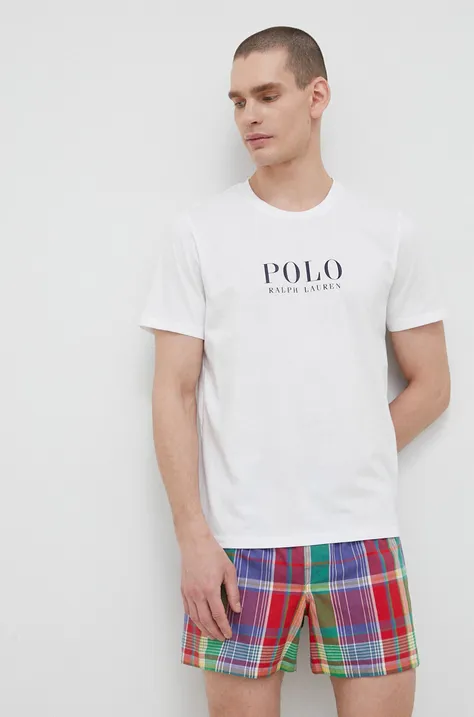 Bavlněné pyžamové tričko Polo Ralph Lauren bílá barva, s potiskem, 714899613