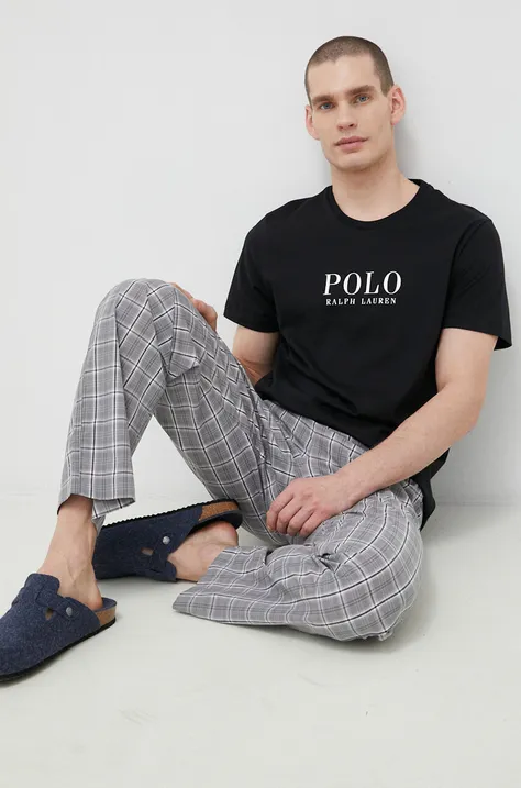 Bavlněné pyžamové tričko Polo Ralph Lauren černá barva, s potiskem, 714899613