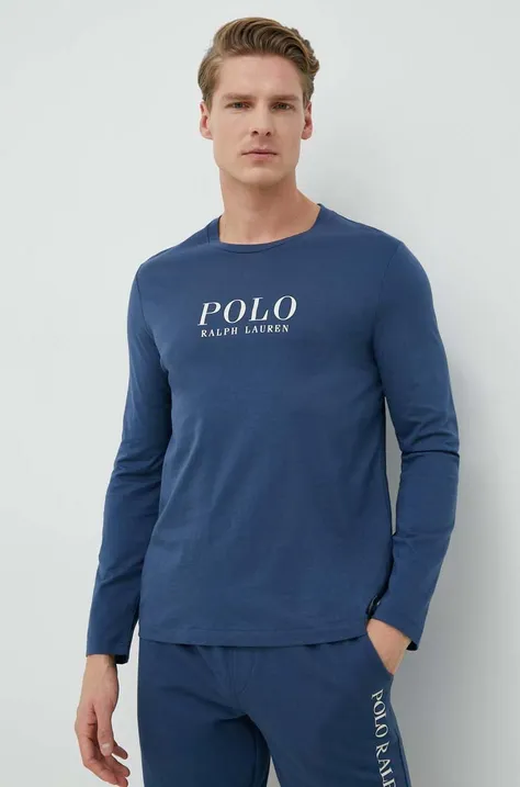 Піжамний бавовняний лонгслів Polo Ralph Lauren колір синій з принтом