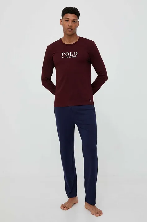 Polo Ralph Lauren hosszú ujjú pamut pizsama felső bordó, nyomott mintás