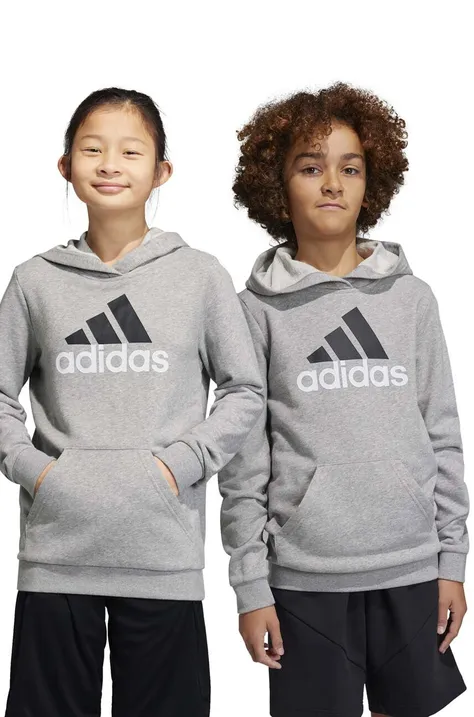 Детски суичър adidas в сиво с качулка с принт