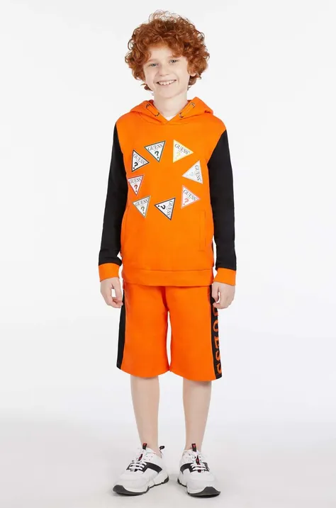 Guess bluza bawełniana dziecięca kolor pomarańczowy z kapturem wzorzysta