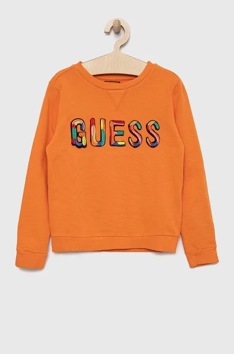 Detská bavlnená mikina Guess oranžová farba, s nášivkou