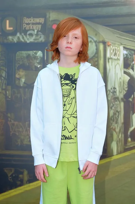 Детская хлопковая кофта Sisley цвет белый с капюшоном с принтом