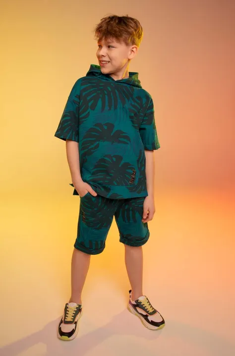Otroški bombažen pulover Coccodrillo zelena barva, s kapuco