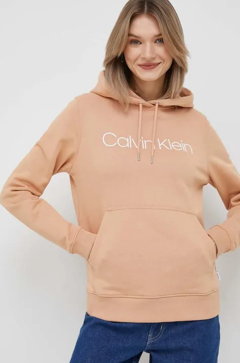 Кофта Calvin Klein женская цвет оранжевый с капюшоном с принтом
