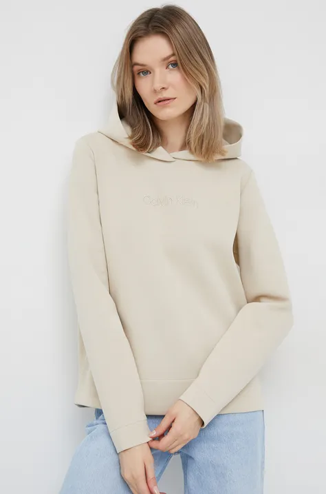 Calvin Klein bluza damska kolor beżowy z kapturem z aplikacją