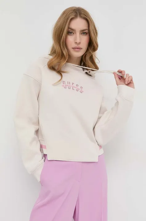 Guess bluza damska kolor beżowy z kapturem z nadrukiem