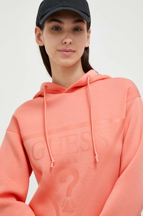 Guess bluza femei, culoarea portocaliu, cu glugă, cu imprimeu