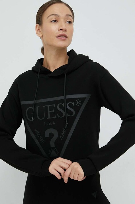 Dukserica Guess za žene, boja: crna, s kapuljačom, s tiskom