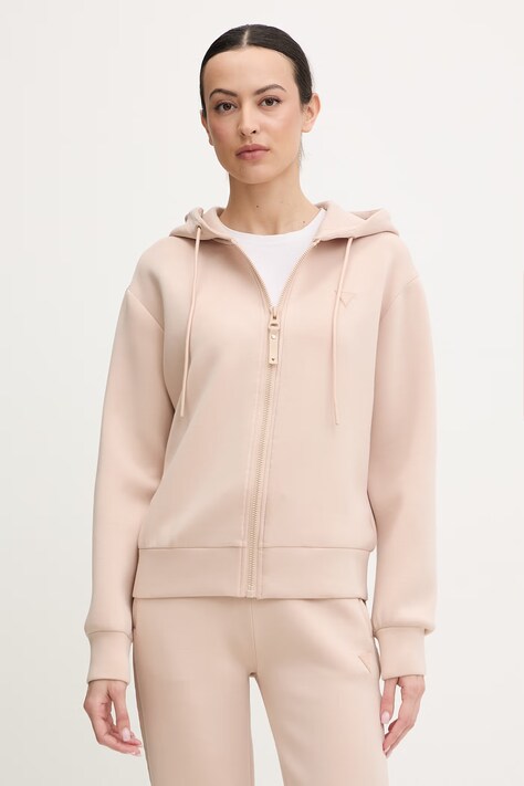 Guess bluza ALLIE damska kolor beżowy z kapturem z nadrukiem V3RQ11 K7UW2