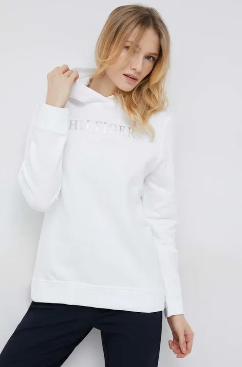 βαμβακερή μπλούζα Tommy Hilfiger γυναικεία, χρώμα: άσπρο, με κουκούλα