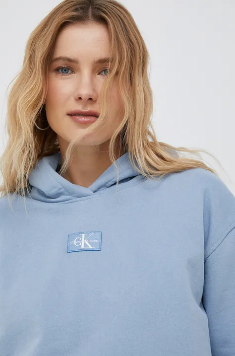 Bombažen pulover Calvin Klein Jeans ženska, vijolična barva, s kapuco