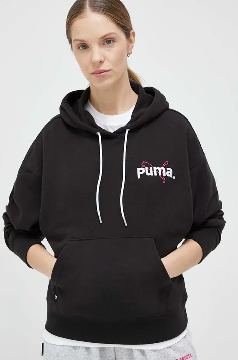 Кофта Puma жіноча колір чорний з капюшоном з принтом