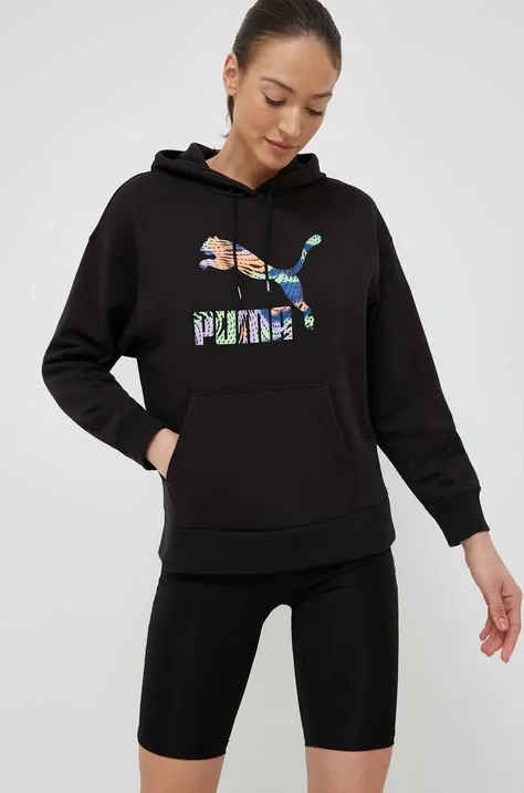Puma bluza damska kolor czarny z kapturem z nadrukiem