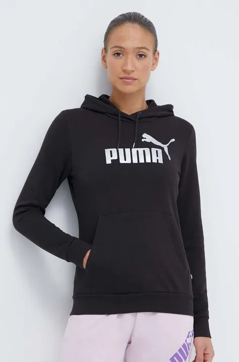 Pulover od trenirke Puma črna barva, s kapuco
