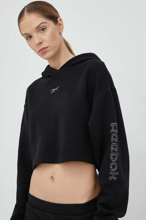 Суичър Reebok в черно с качулка с принт