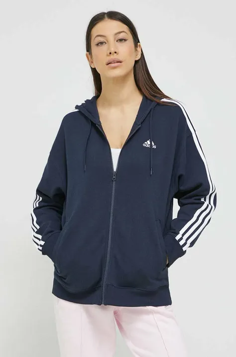 Хлопковая кофта adidas женская цвет синий с капюшоном с аппликацией