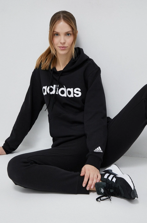 Bombažen pulover adidas ženska, črna barva, s kapuco