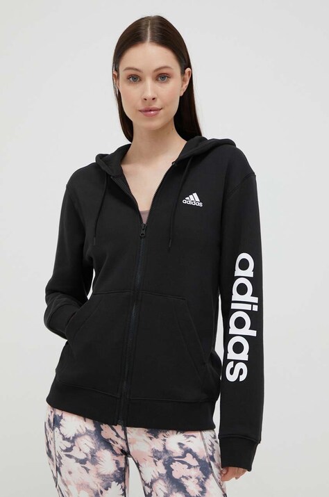 Хлопковая кофта adidas женская цвет чёрный с капюшоном с принтом