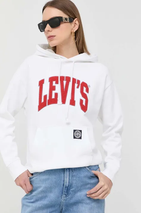 Bombažen pulover Levi's ženska, bela barva, s kapuco