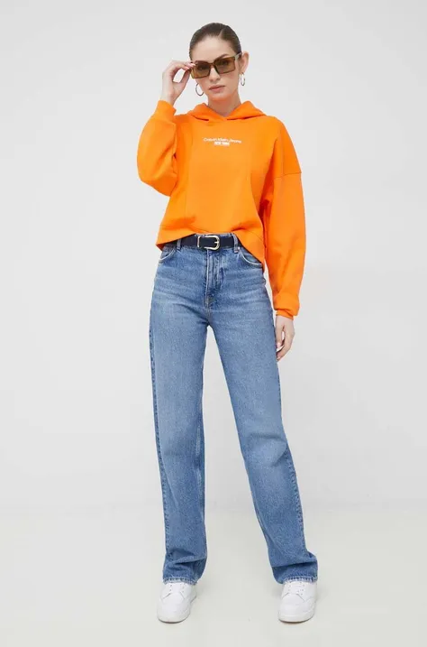Dukserica Calvin Klein Jeans za žene, boja: narančasta, s kapuljačom, s aplikacijom