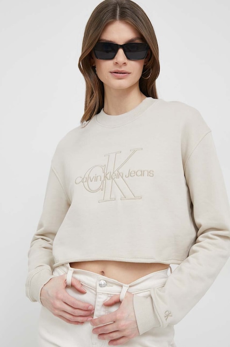 Calvin Klein Jeans hanorac de bumbac femei, culoarea bej, cu imprimeu