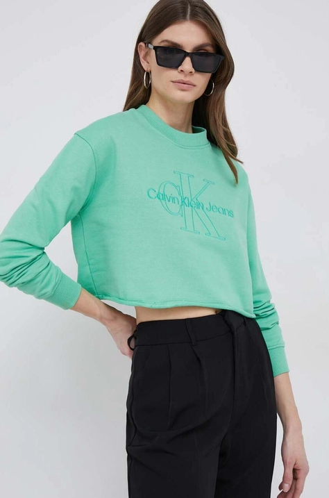 Calvin Klein Jeans hanorac de bumbac femei, culoarea verde, cu imprimeu