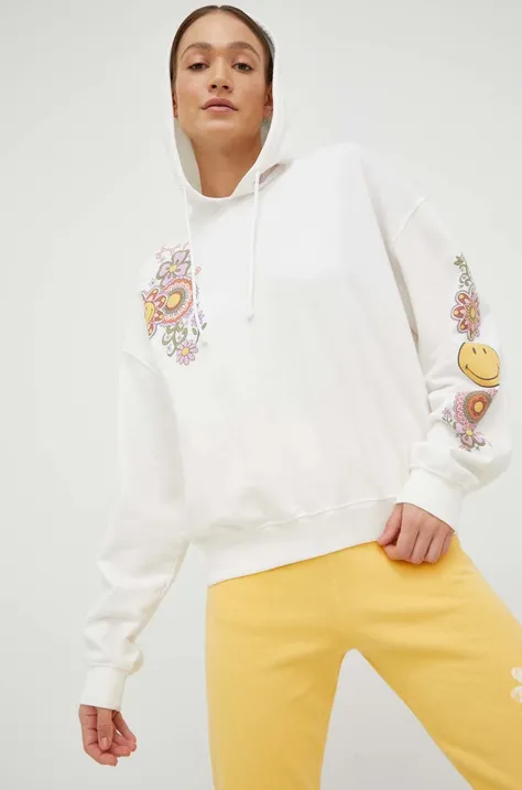 Billabong bluza bawełniana X SMILEY damska kolor biały z kapturem z nadrukiem