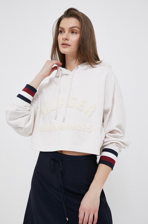 Dukserica Tommy Hilfiger x Shawn Mendes za žene, boja: bež, s kapuljačom, s uzorkom